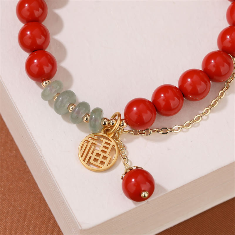 8mm Jade Bracelet with Cinnabar & Fu Character Symbol