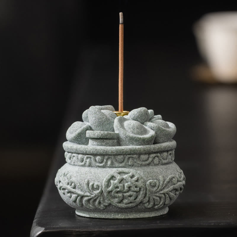 Green Sandstone Fu Incense Burner | Prosperity Desk Decor