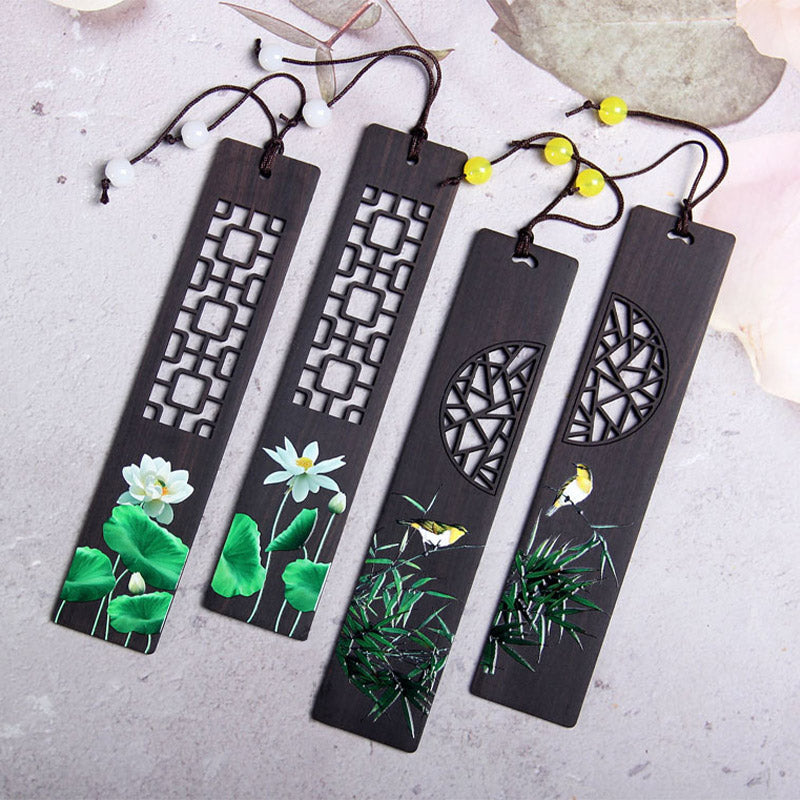 Ebony Wood Zen Bookmark with Green Lotus and Oriole Design