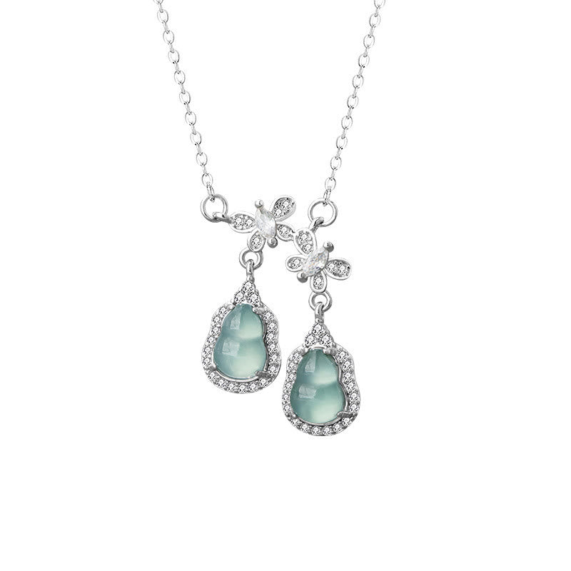 Green Jade Double Gourd Butterfly Luck Necklace