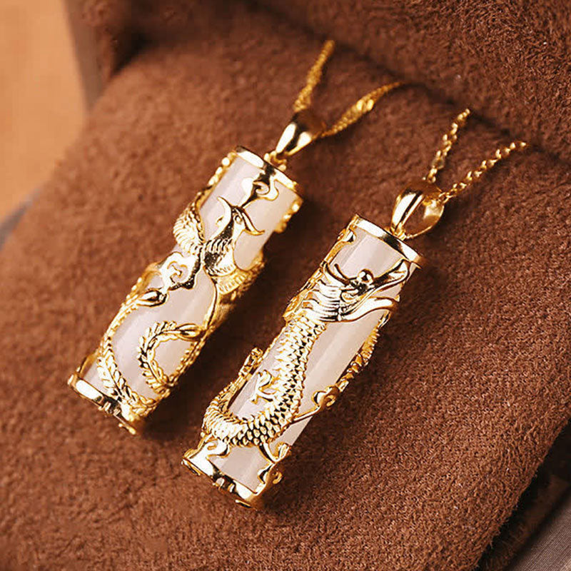White Jade Dragon Phoenix Necklace | Copper Harmony Pendant
