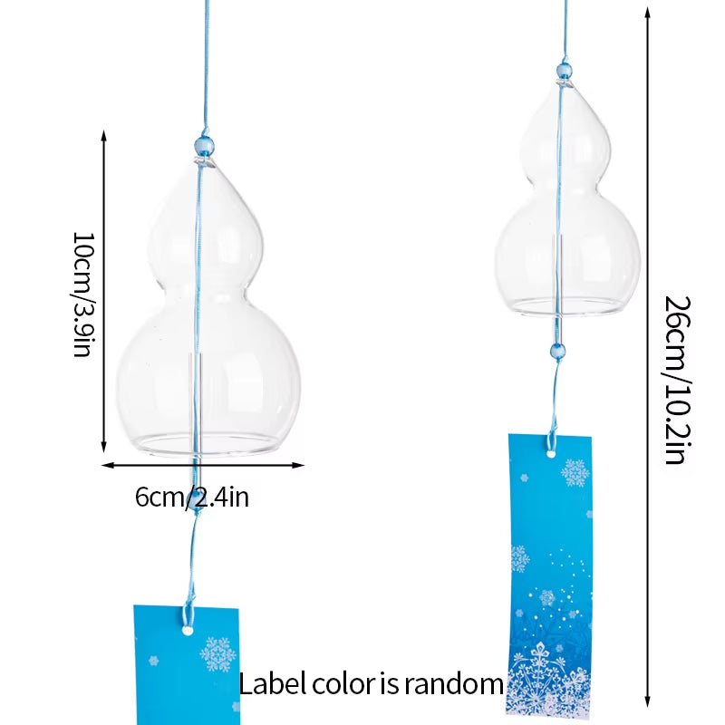 Clear glass gourd-shaped wind chimes with blue tags for Japanese home decor