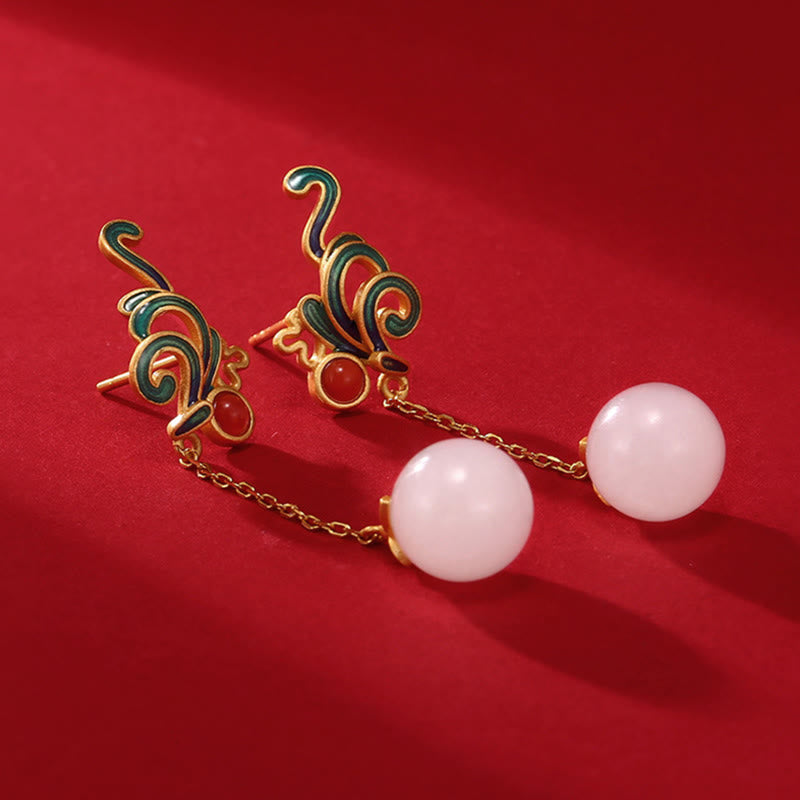 Vintage White Jade Red Agate Drop Earrings for Protection & Blessing