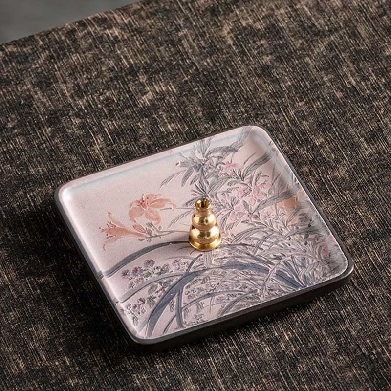 Ceramic Incense Burner Tray with Mountain Lake Flower Leaf Design
