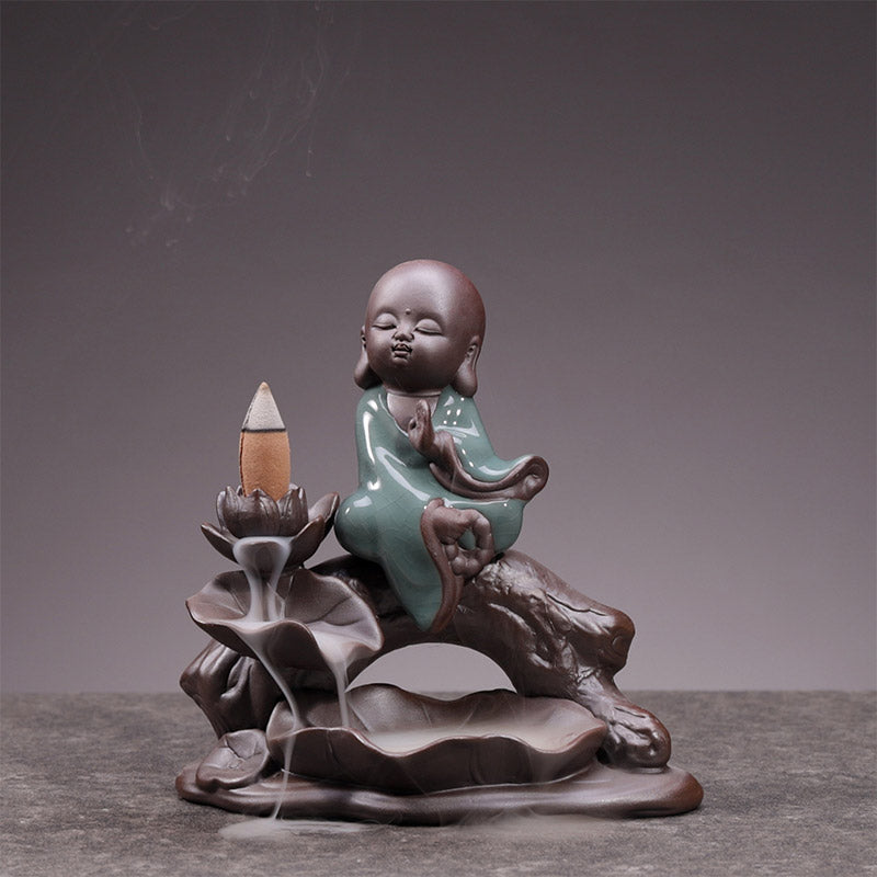 Ceramic Lotus Blessing Incense Burner with Little Monk