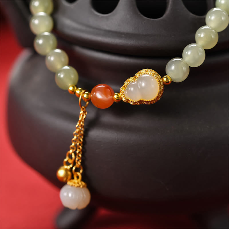 Hetian Jade Lotus Abundance Luck Bracelet 925 Silver