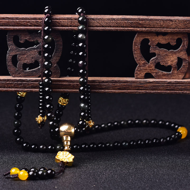 108 Beads Black Obsidian Lotus Fulfilment Mala Bracelet 6mm