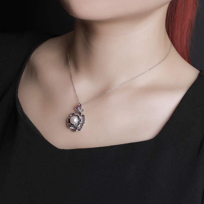 999 Sterling Silver Pearl Necklace with Peony Flower Pendant for Healing