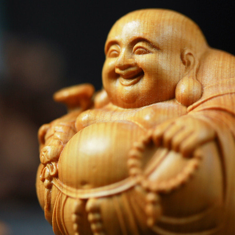 Laughing Buddha Boxwood Compassion Statue 5cm Home & Car Decor