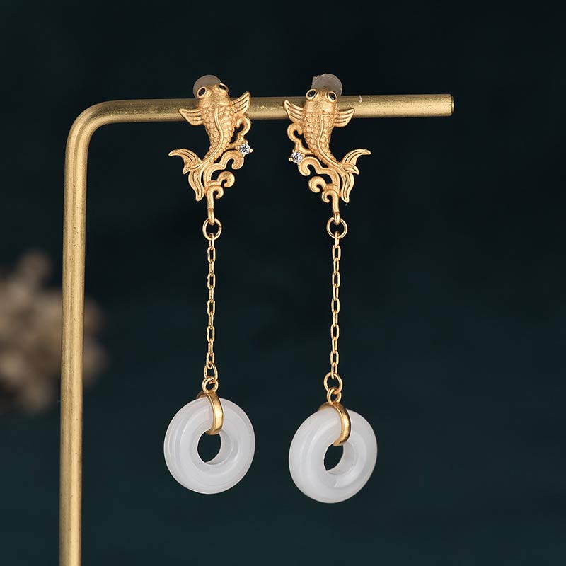 56mm White Jade Lucky Koi Fish Earrings