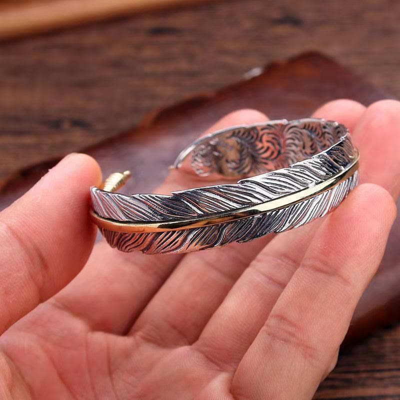 Copper Feather Pattern Carved Luck Wealth Cuff Bracelet