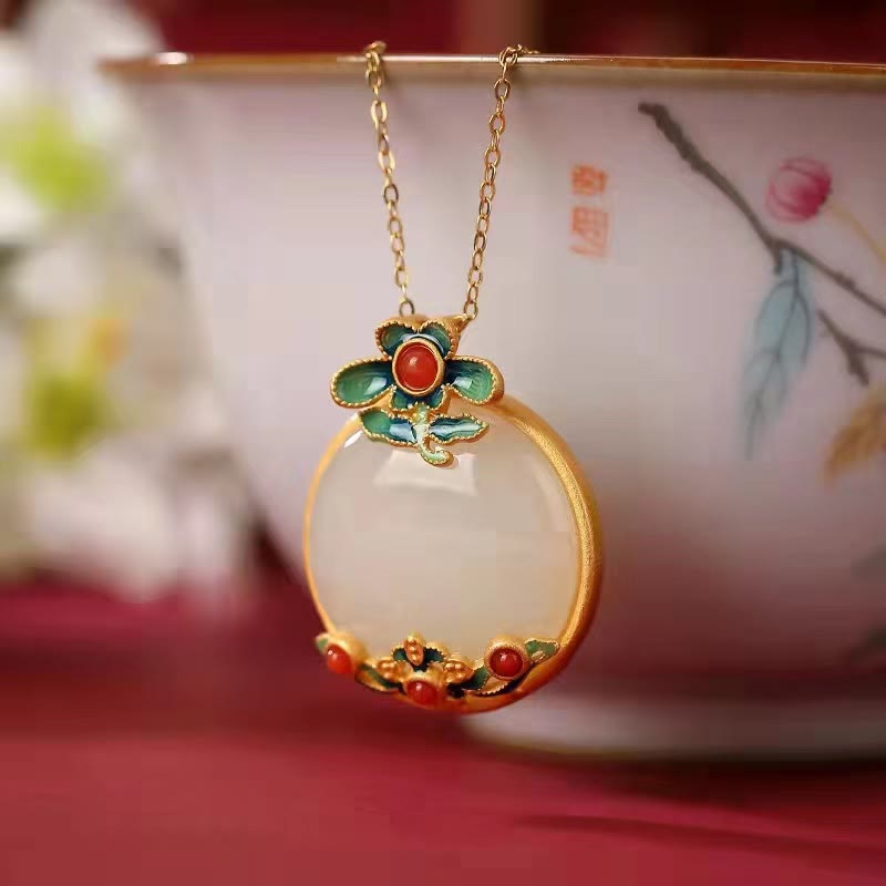 Unisex White Jade Red Agate Blessing Luck Necklace