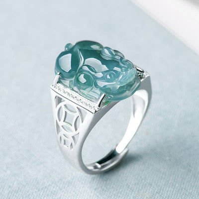 Sterling Silver Jade Pixiu Ring for Wealth & Luck