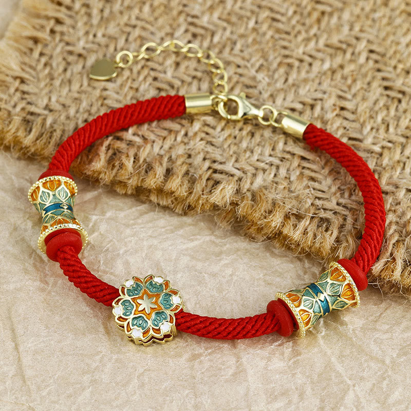 925 Sterling Silver Lotus Drum Bracelet with Red Rope | New Beginnings