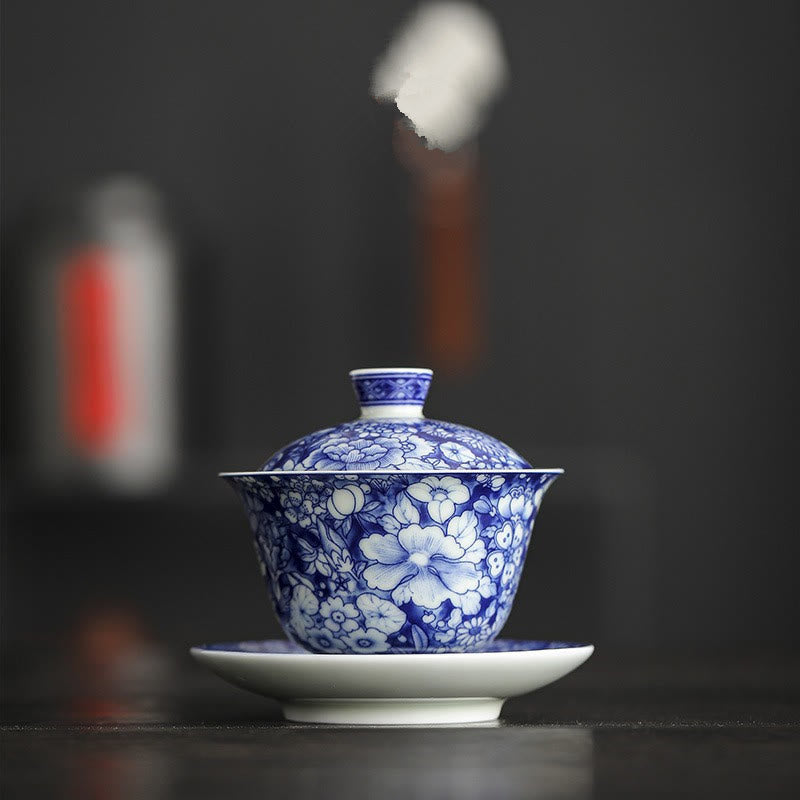 Vintage Blue White Porcelain Gaiwan Tea Cup Set 150ml Meditation