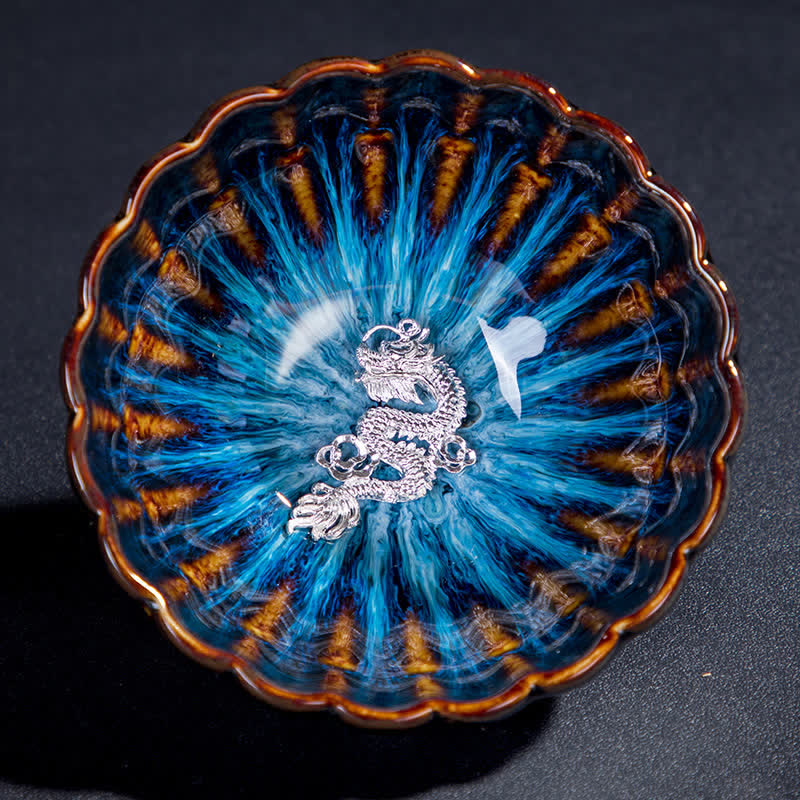 130ml Lotus Dragon Ceramic Tea Cup with Auspicious Inlaid Art