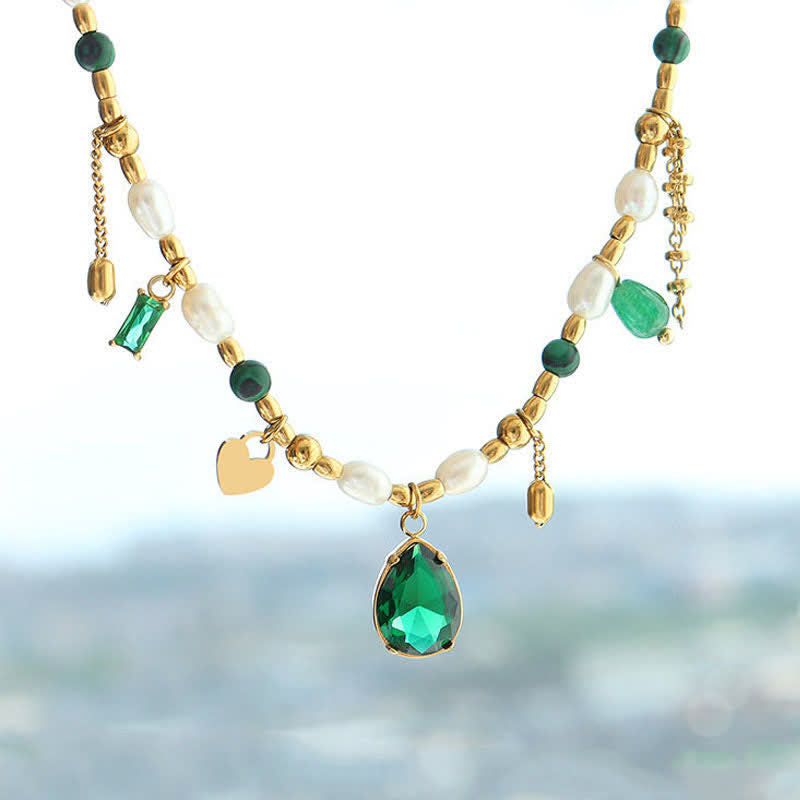Calm Pearl Necklace Pendant with Zircon & Turquoise 18K Gold