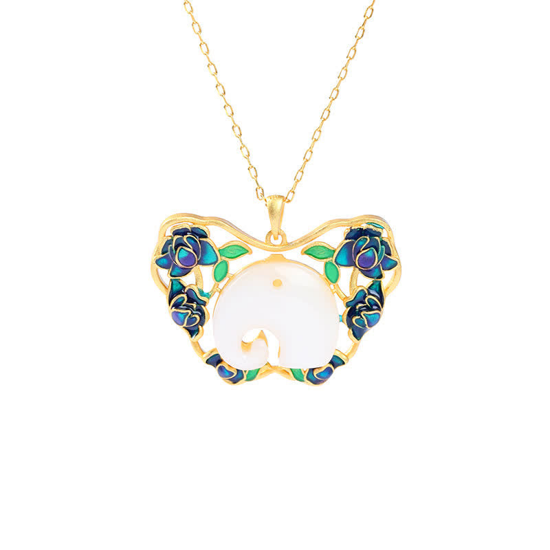 White Jade Success Necklace with Elephant Butterfly Lotus