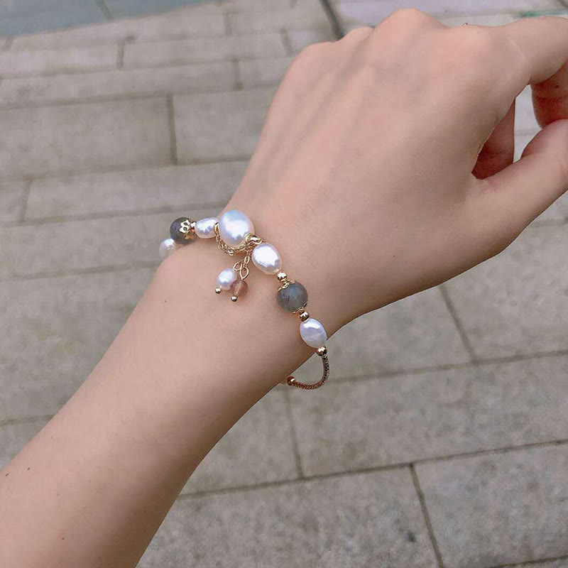 Pearl Moonstone Optimism Bracelet with Strawberry Quartz Beads