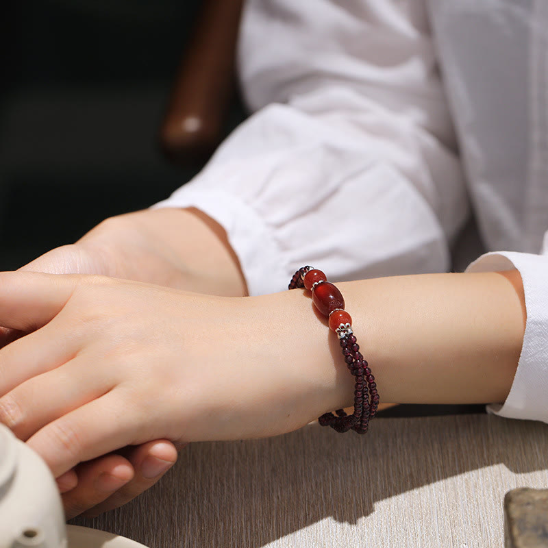 Garnet Red Agate Protection Triple Layer Bracelet