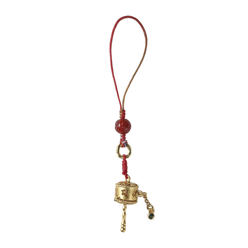 Om Mani Padme Hum Prayer Wheel Amulet in Red Agate with Copper Protection Charm