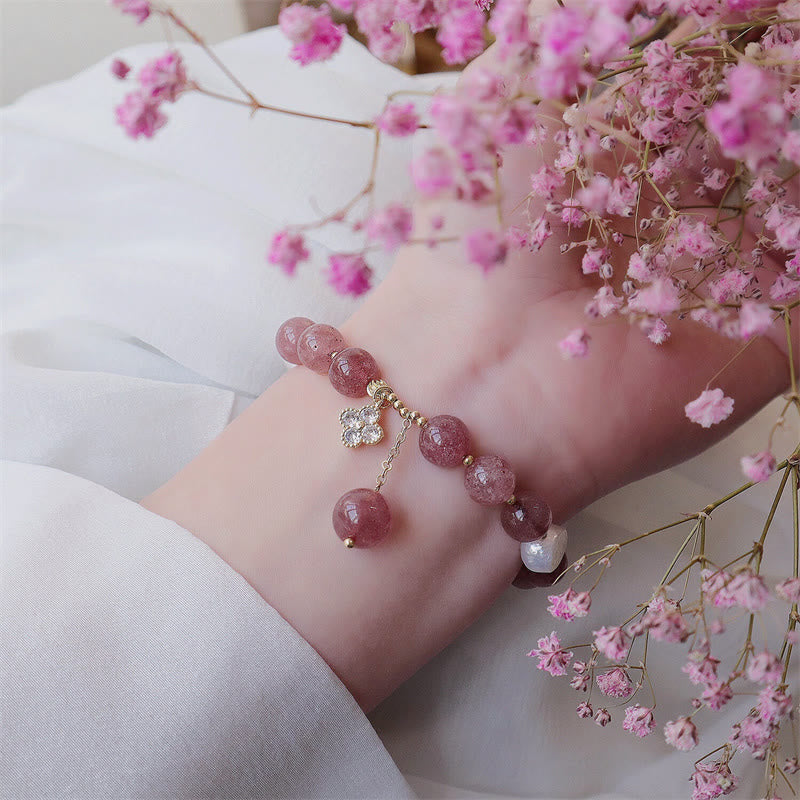 Strawberry Quartz Love Bracelet with Pearl and Four Leaf Clover Charm