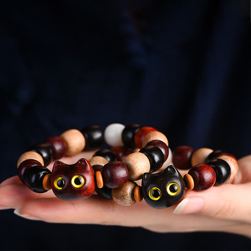 Ebony Wood Protection Bracelet with Small Leaf Red Sandalwood Cat Charm