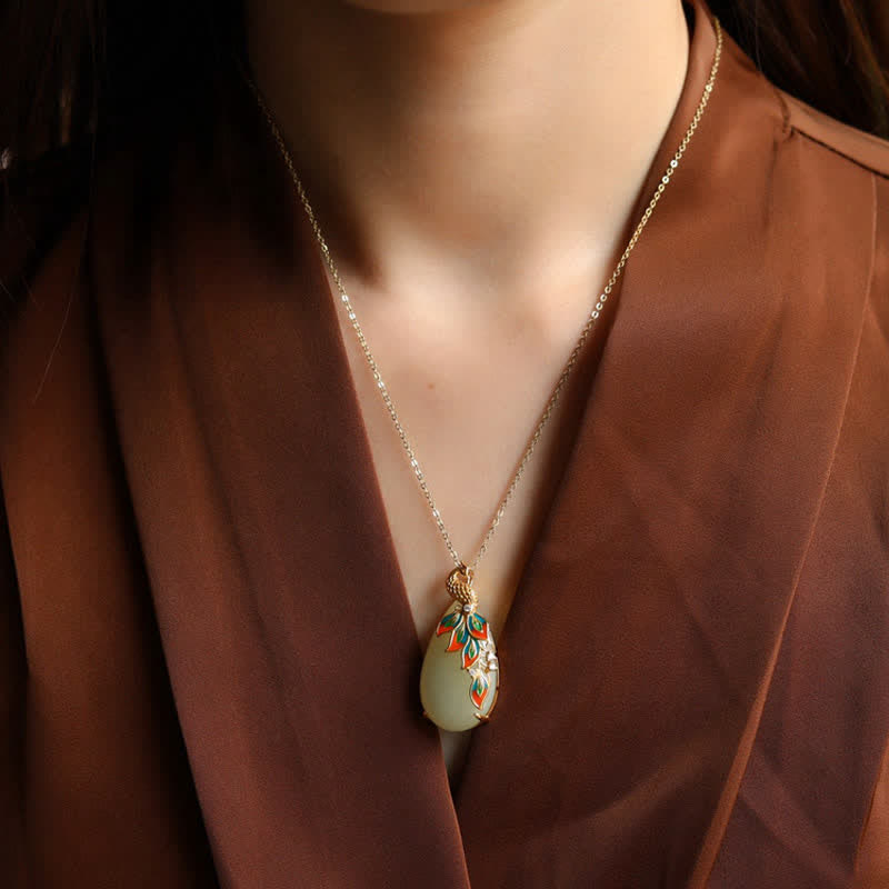 White Jade Peacock Protection Necklace for Wisdom and Luck