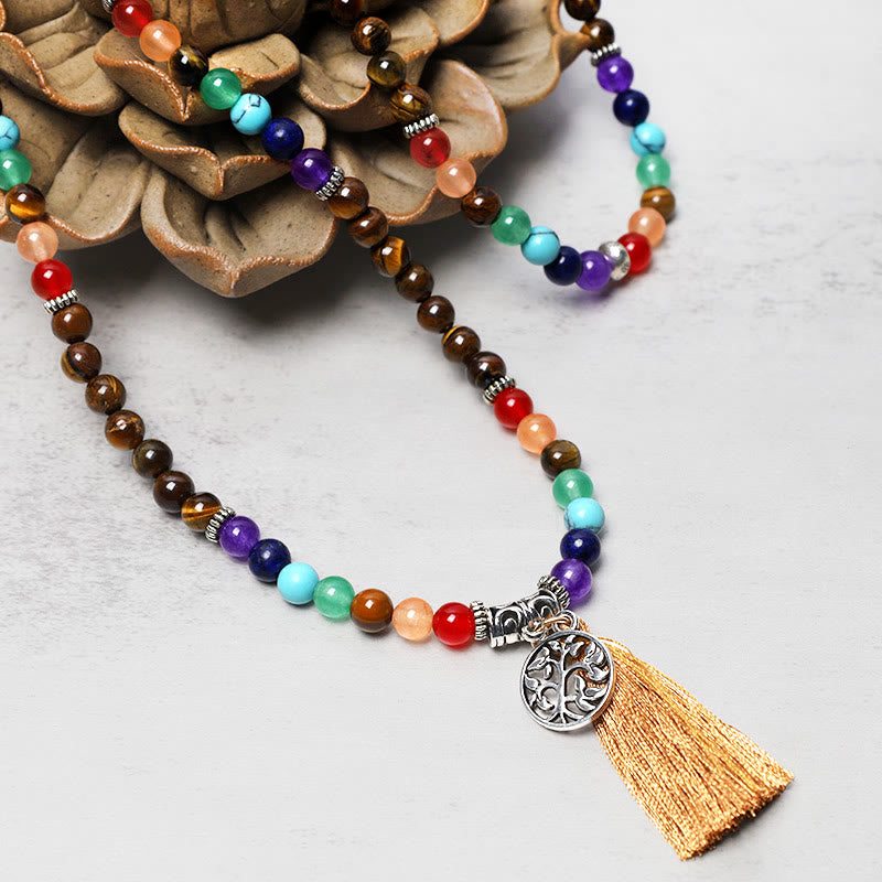 Unisex 108 Bead Mala Necklace with Amethyst & Tiger Eye Healing Beads