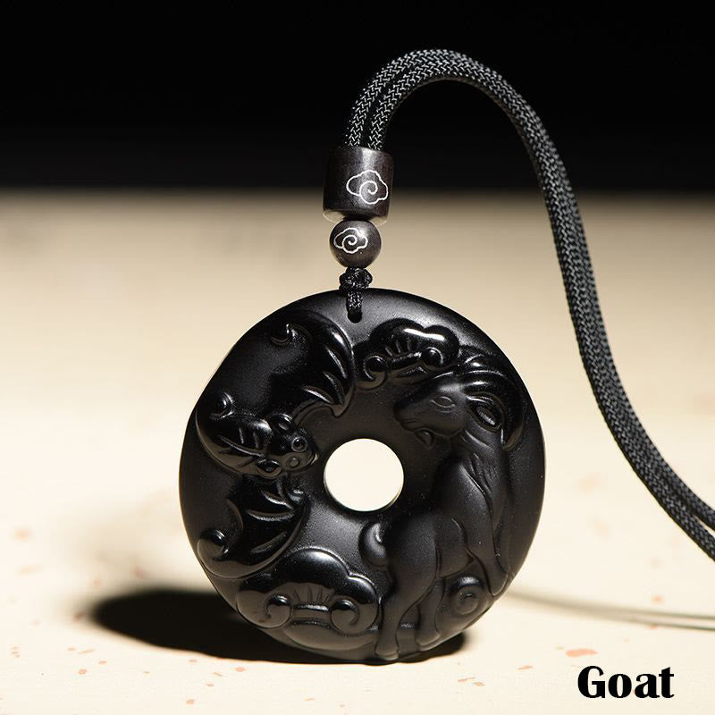 Chinese Zodiac Black Obsidian Strength Necklace Pendant