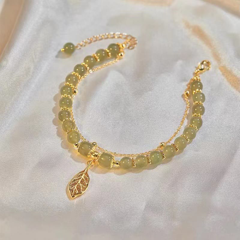 Jade Luck Beaded Bracelet with Leaf, Tulip & Fu Symbol