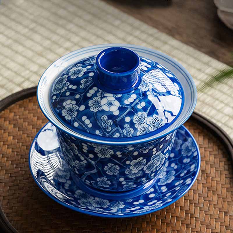 Plum Blossom Blue & White Porcelain Ceramic Gaiwan 185ml Tea Cup