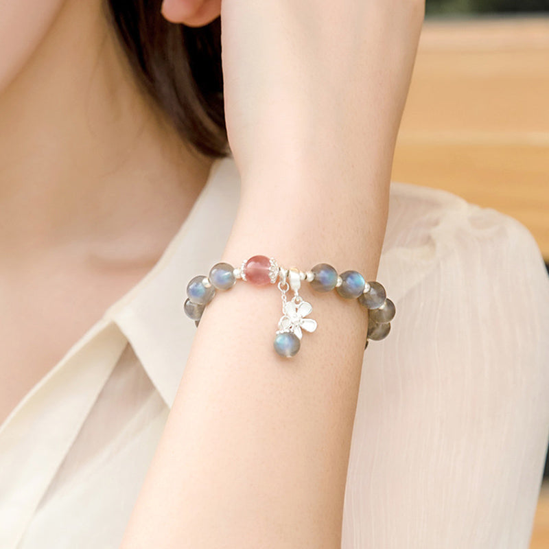 Moonstone Strawberry Quartz Healing Charm Bracelet 7.5mm