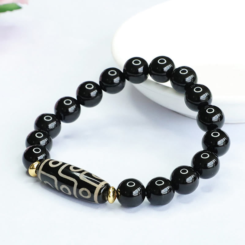 Nine-Eye Dzi Bead Black Onyx Obsidian Bracelet for Protection