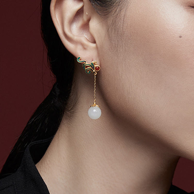 Vintage White Jade Red Agate Drop Earrings for Protection & Blessing