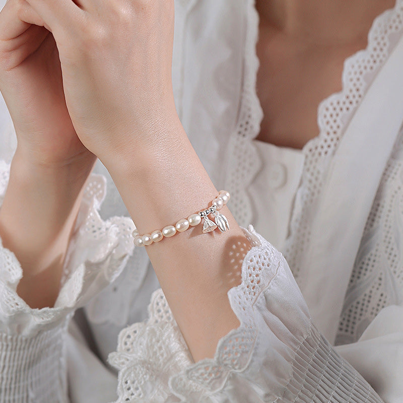 999 Sterling Silver Lotus Pearl Healing Bracelet 14-16cm
