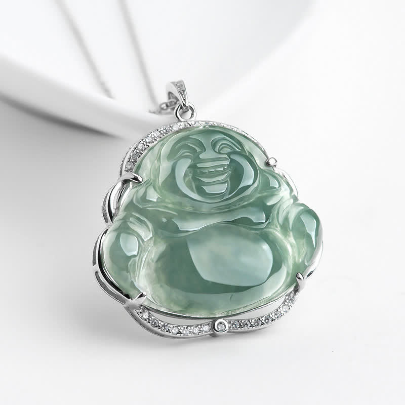 Jade Laughing Buddha Necklace in 925 Sterling Silver for Luck