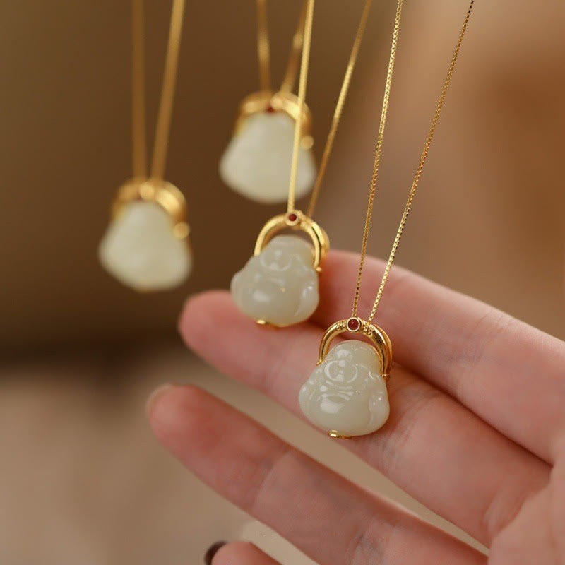 Hetian Jade Laughing Buddha Necklace for Abundance 925 Silver