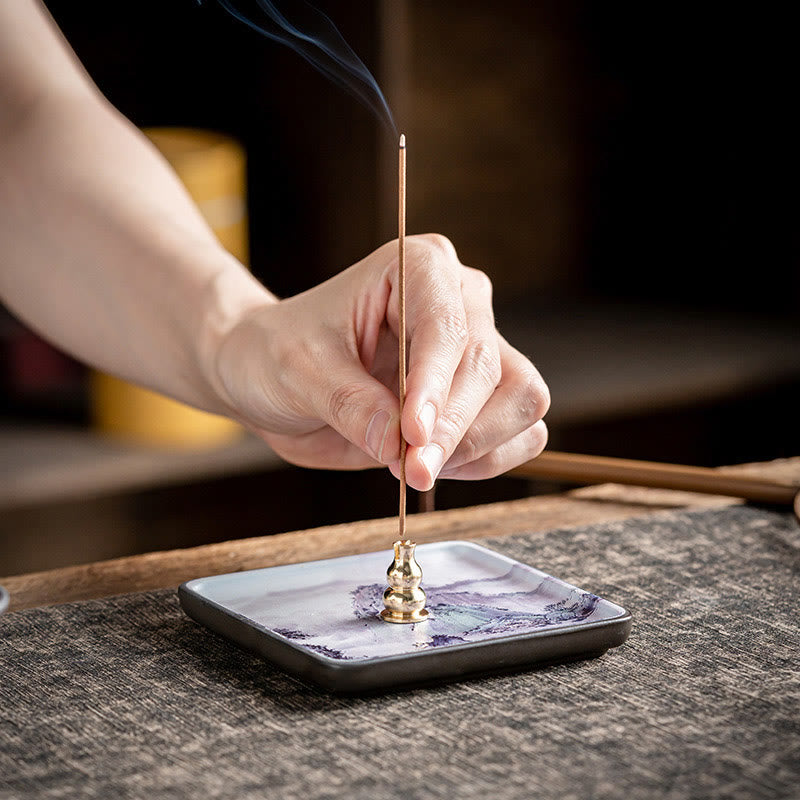 Ceramic Incense Burner Tray with Mountain Lake Flower Leaf Design