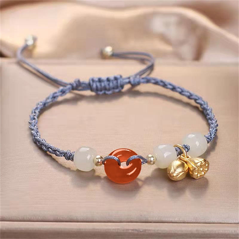 Red Agate and Jade Peace Buckle Braided Bracelet 14-18cm