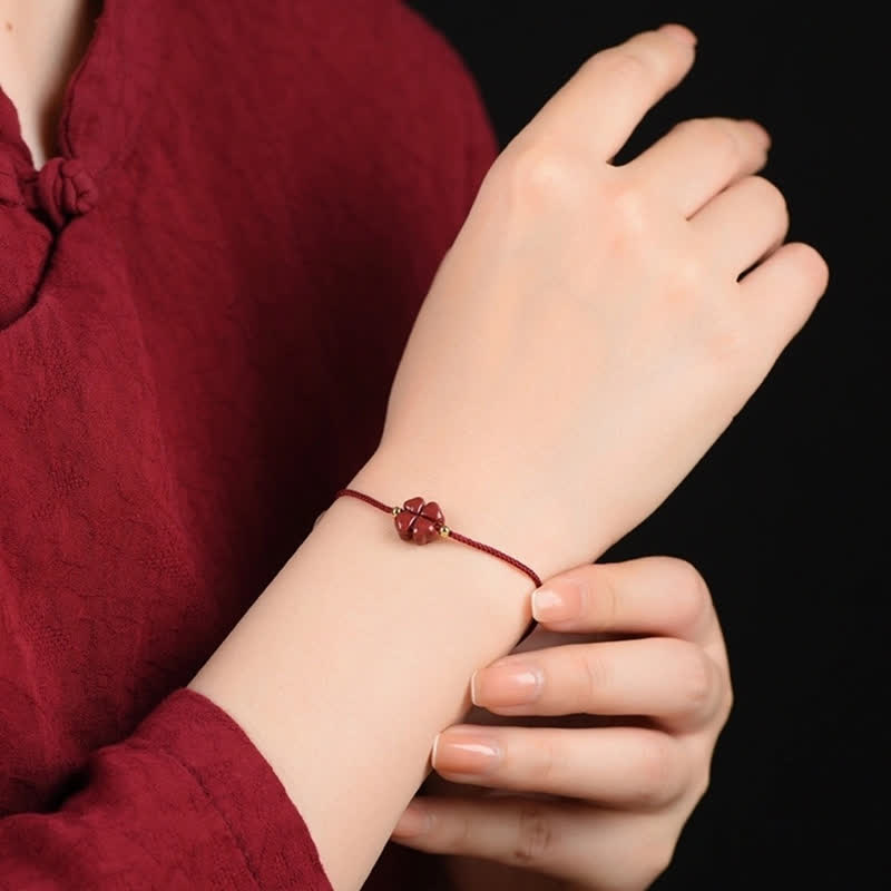 Natural Cinnabar Red String Bracelet with Four Leaf Clover Blessing