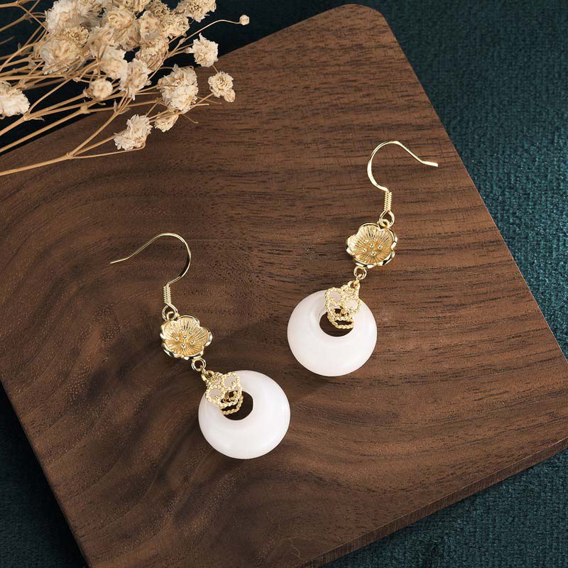 White Jade Blessing Drop Earrings for Protection & Luck