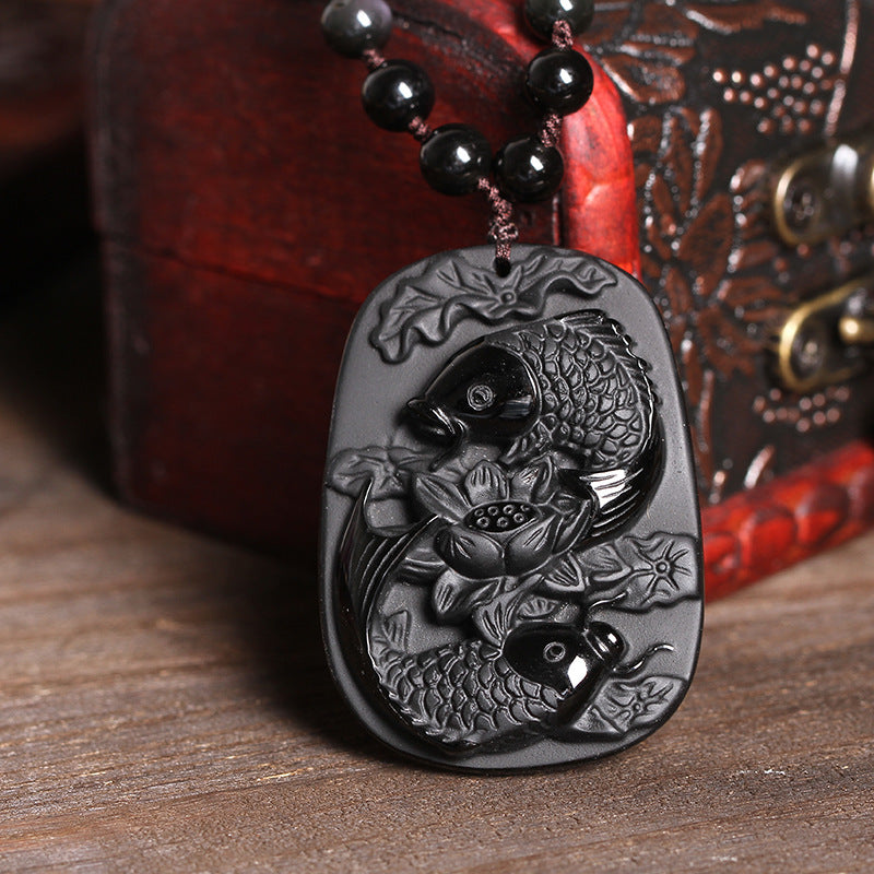 Natural Black Obsidian Koi Fish Lotus Strength Necklace