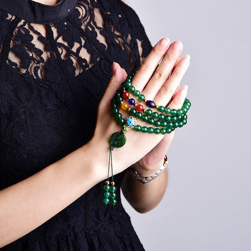 108 Beads Green Agate Mala Bracelet for Success & Power