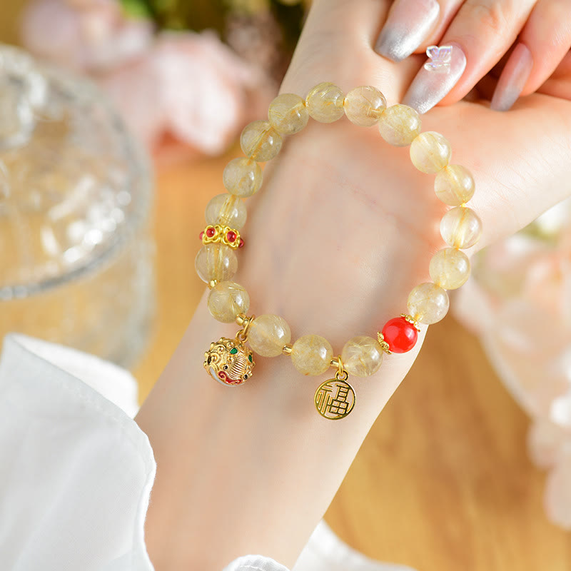 Golden Rutilated Quartz Wealth Bracelet Fu Charm