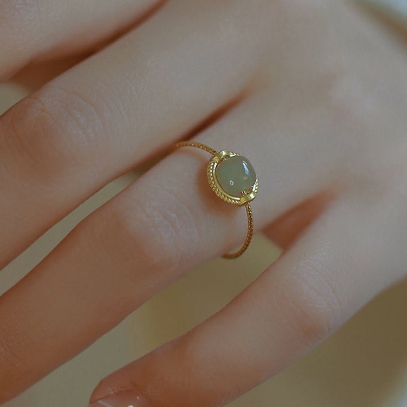Adjustable 14K Gold Plated Jade Ring for Luck & Prosperity