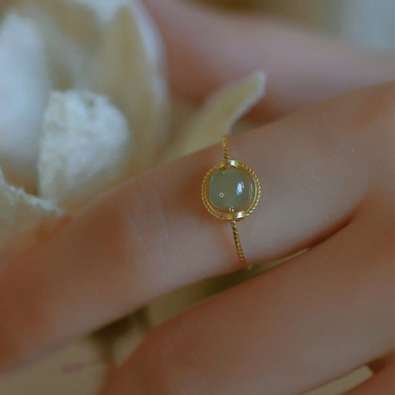 Adjustable 14K Gold Plated Jade Ring for Luck & Prosperity