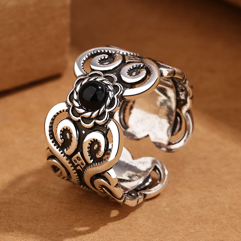 Adjustable Black Onyx Fortune Ring Copper Band