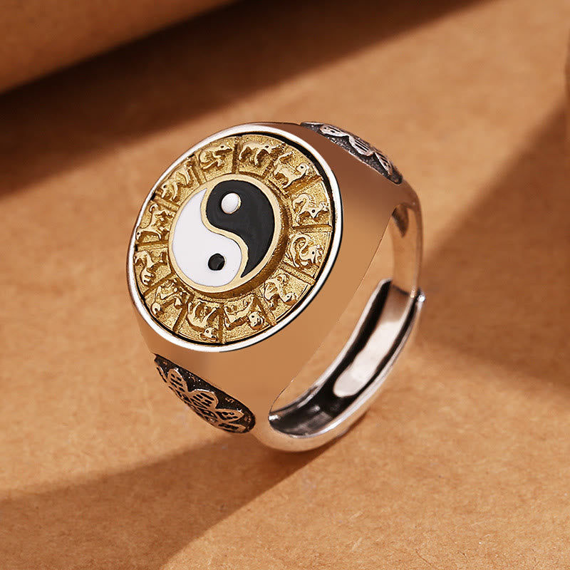 Adjustable Copper Yin Yang Ring with Chinese Zodiac for Wealth