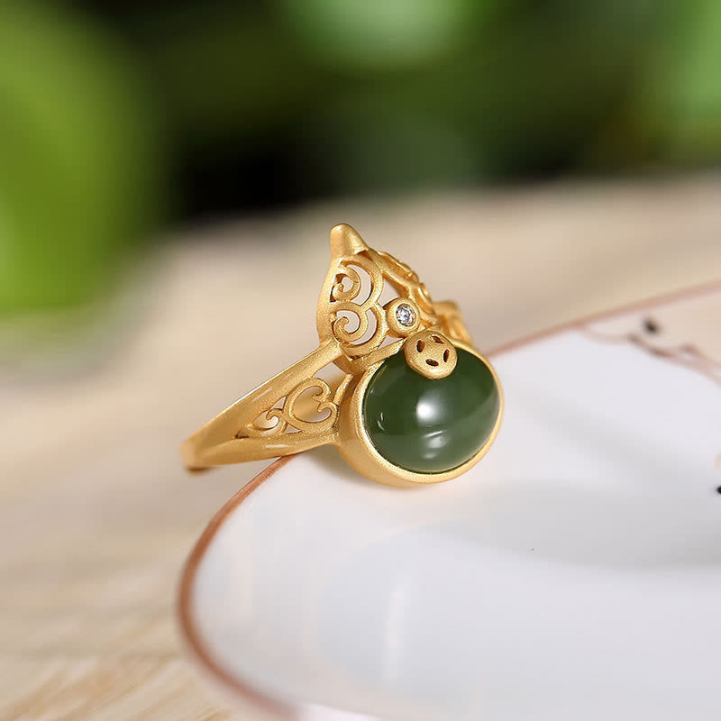 Adjustable Cyan Jade Success & Luck Ring with Copper Coin